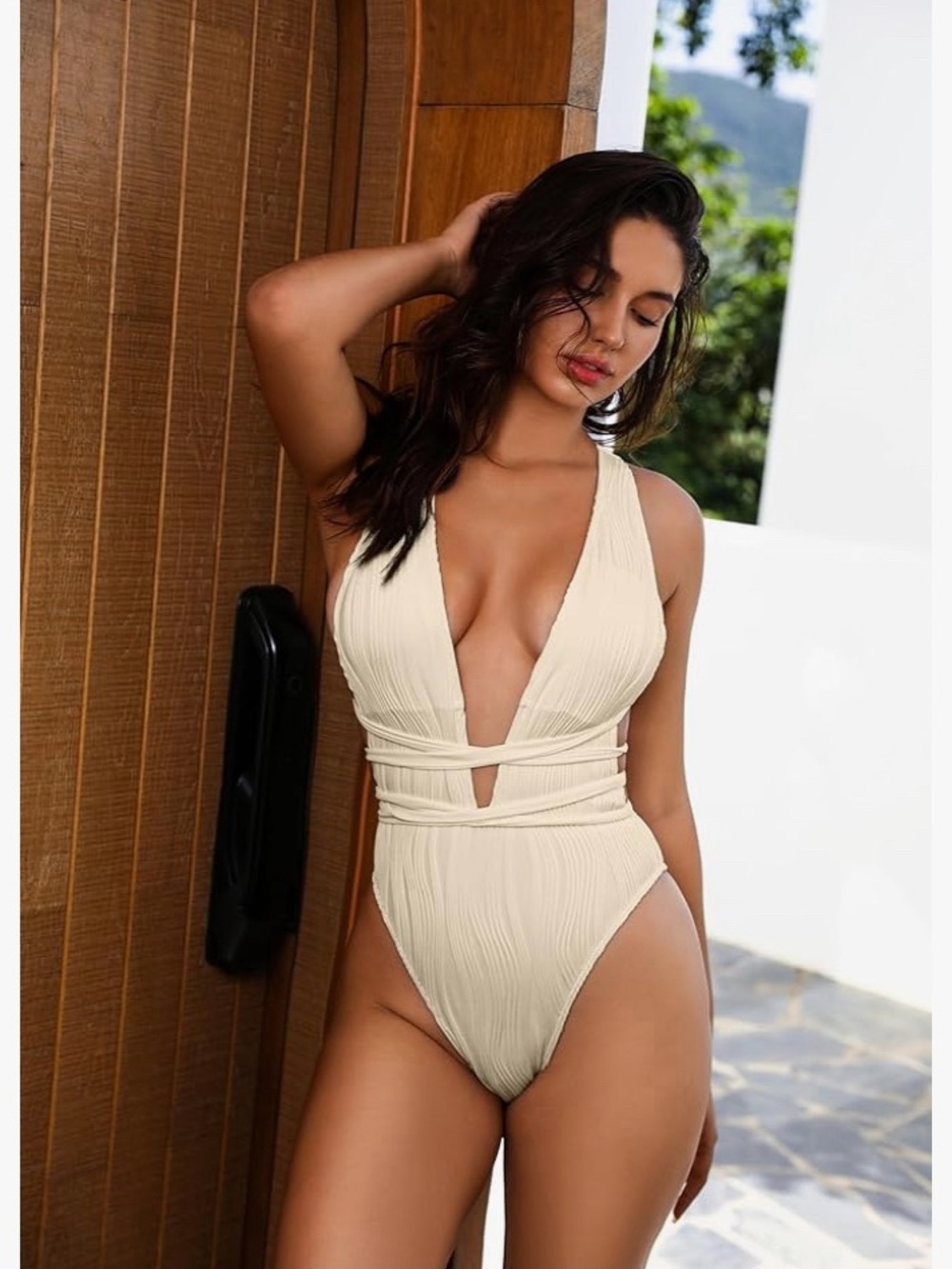 Zaful Cream Plunge One-Piece Swimsuit